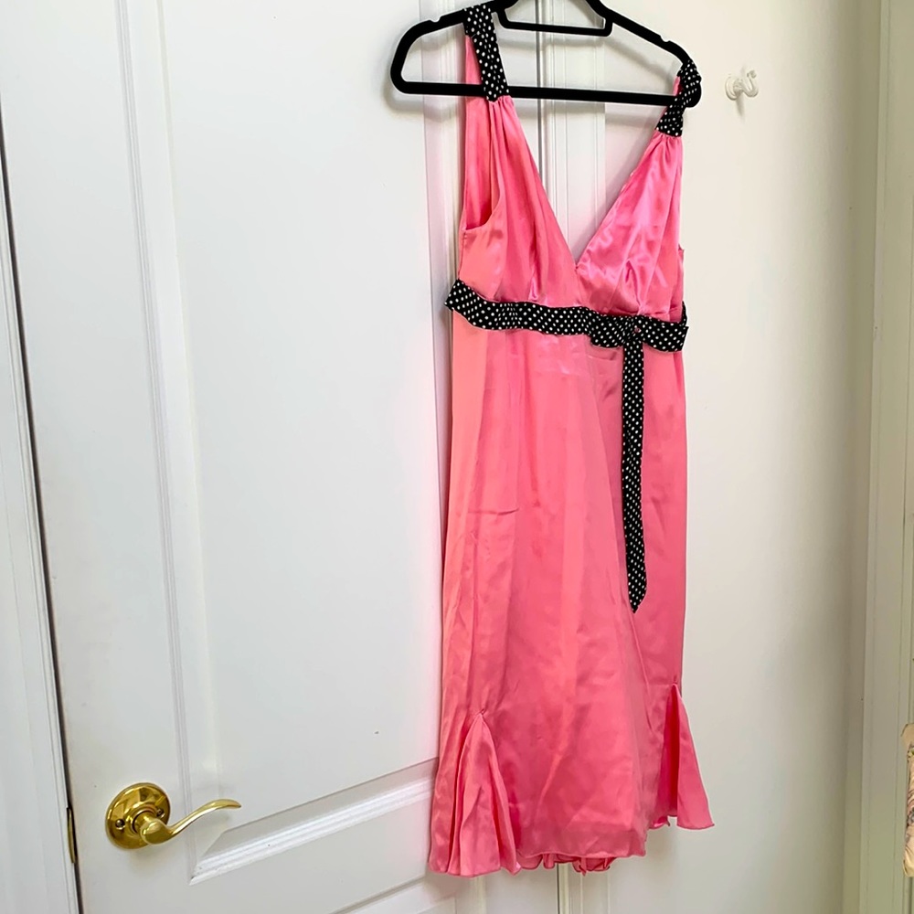 100% silk bright pink slip dress w/Blue white polka dot bow belt/straps. Size 10